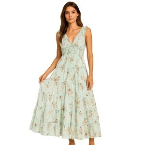 MISS‎ JUNE PAIRS Floral Maxi Dress Pastel Mint Sage Green Smocked Tiered Ruffle